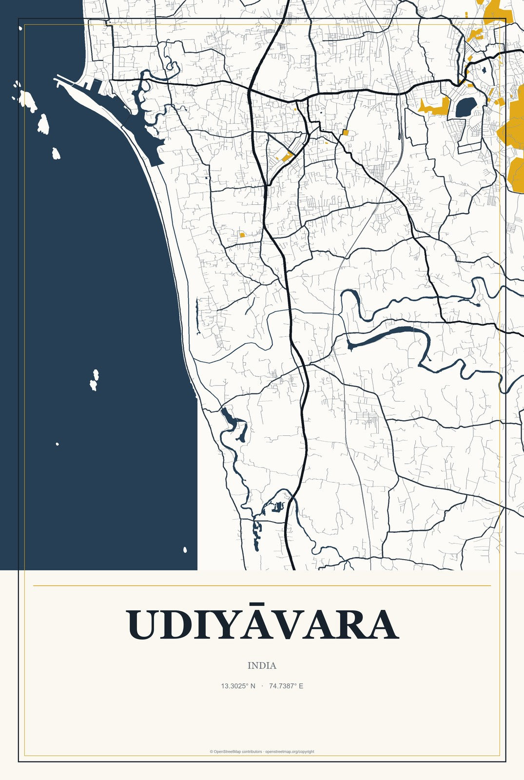 Udiyāvara, India City Map Aluminum Sign in Citrine Modern style