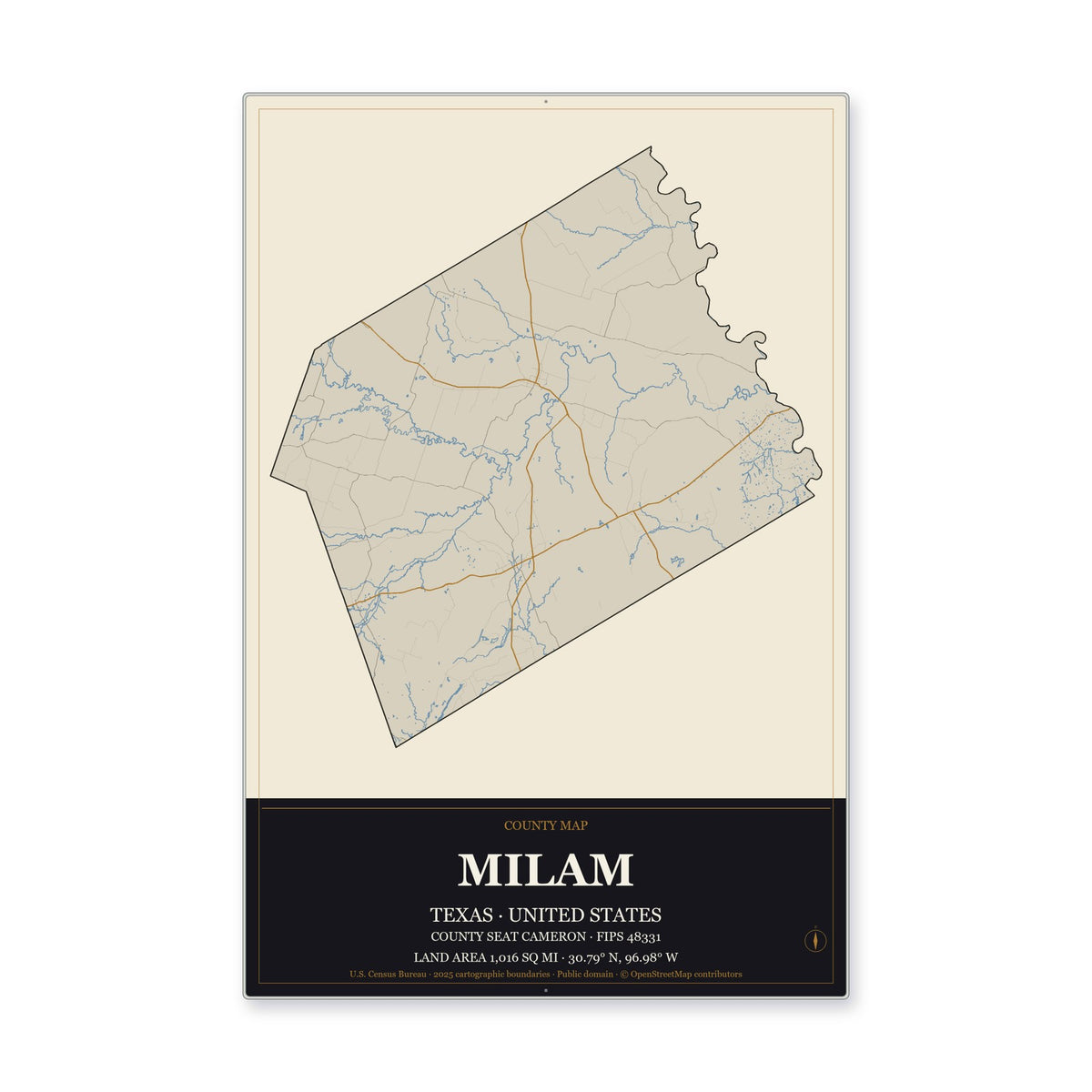 Milam County, Texas Map Aluminum Sign in Museum Plaque style