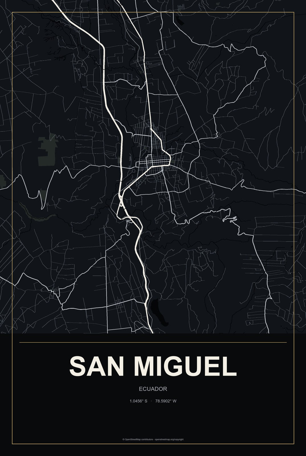San Miguel, Ecuador City Map Aluminum Sign in Metropolitan Noir style