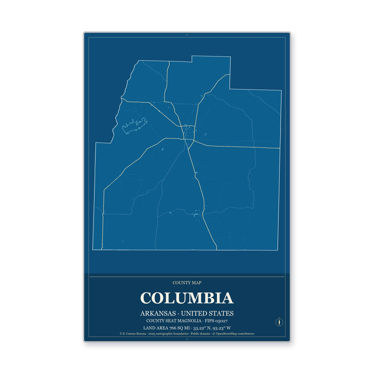 Columbia County, Arkansas Map Aluminum Sign in Harbor Cobalt style