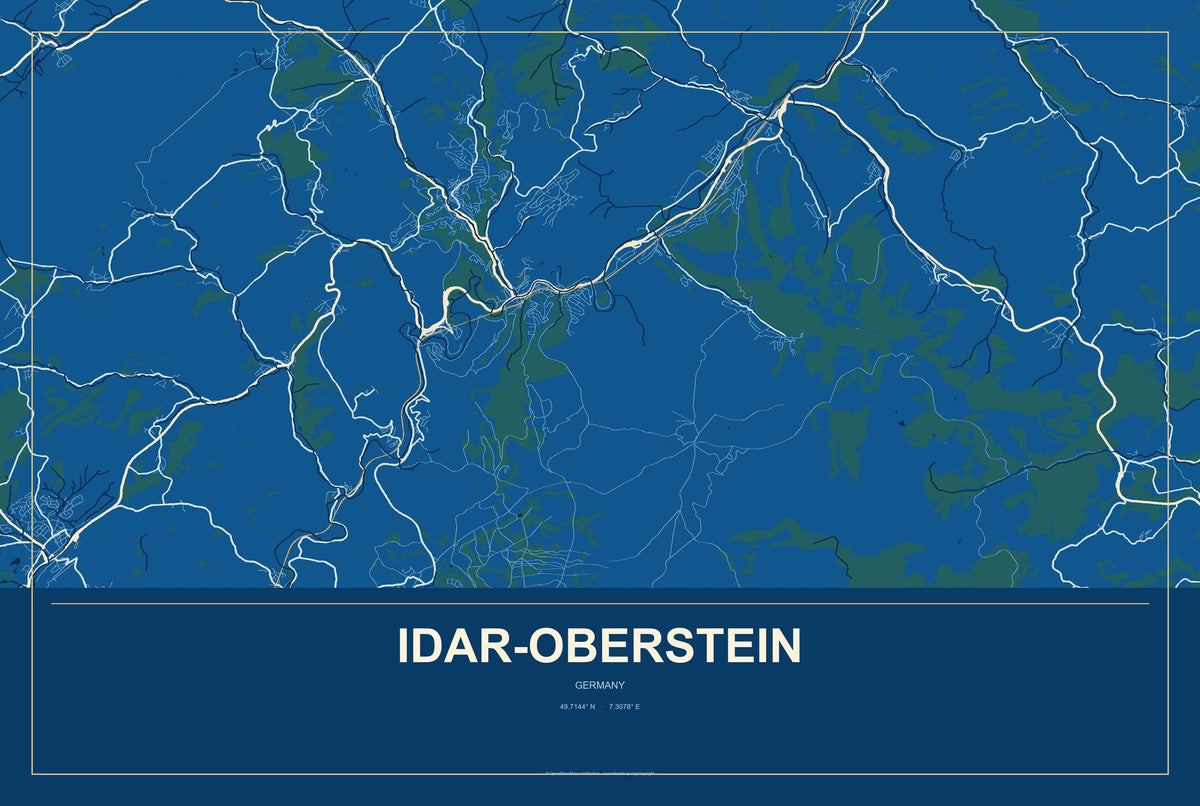 Idar-Oberstein, Germany City Map Aluminum Sign in Harbor Cobalt style