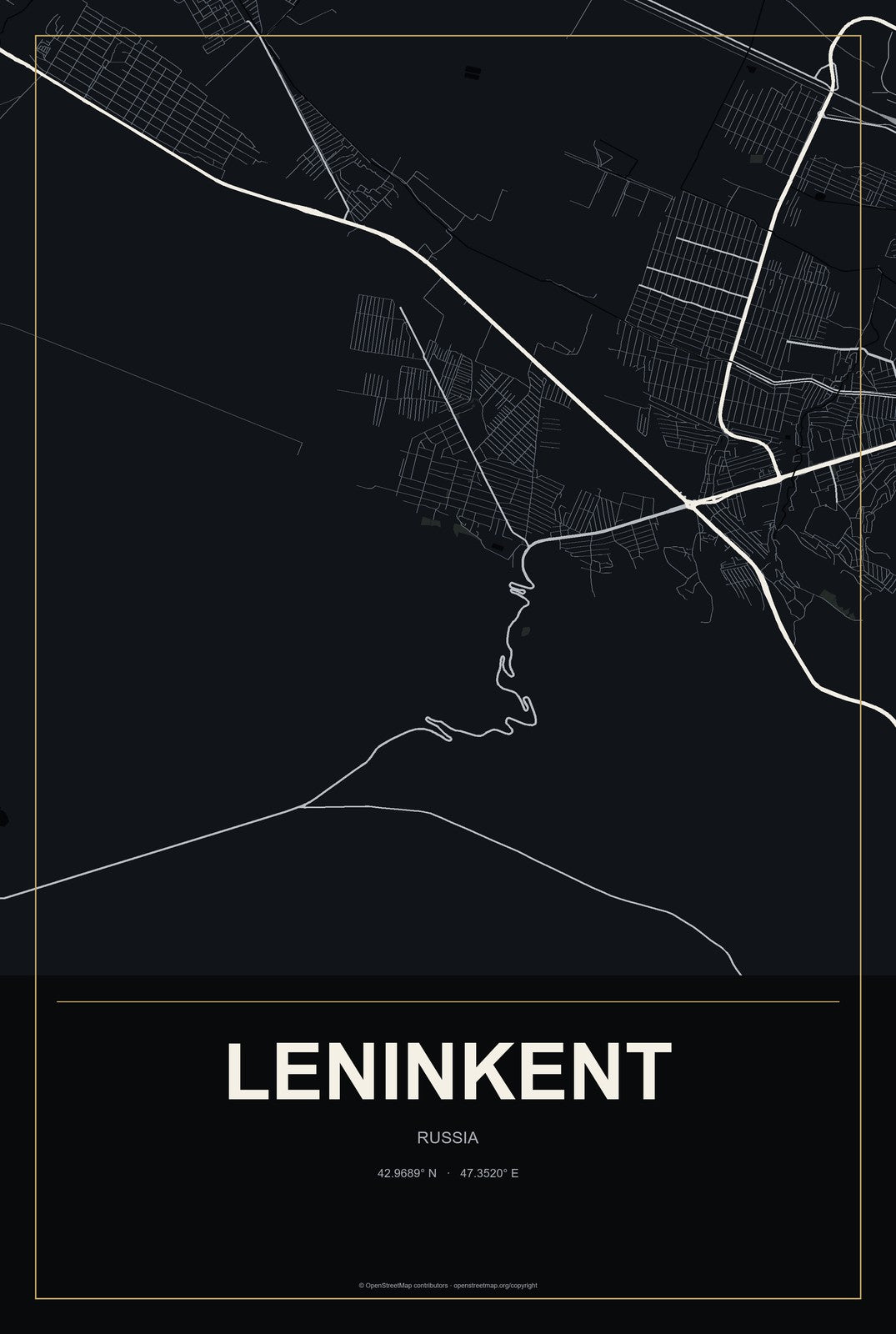 Leninkent, Russia City Map Aluminum Sign in Metropolitan Noir style