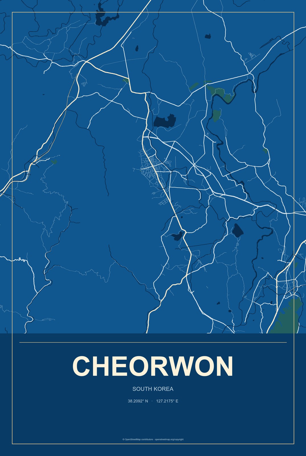 Cheorwon, South Korea City Map Aluminum Sign in Harbor Cobalt style