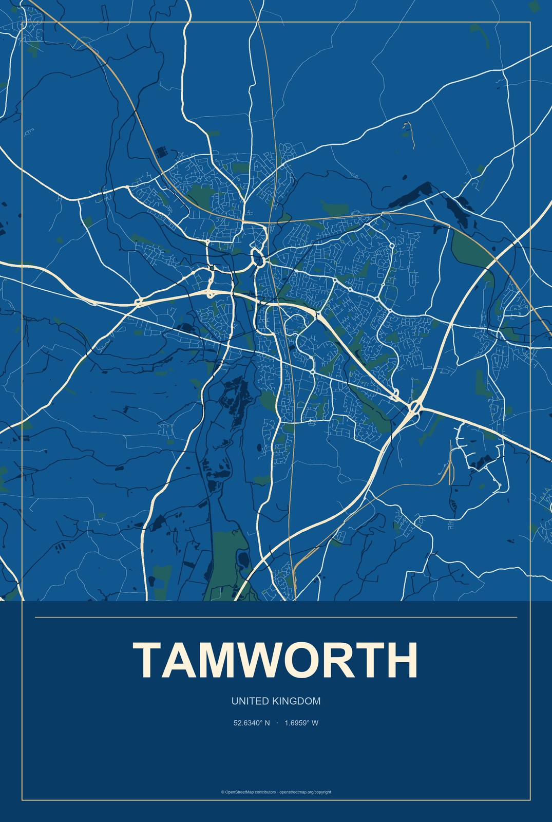 Tamworth, United Kingdom City Map Aluminum Sign in Harbor Cobalt style