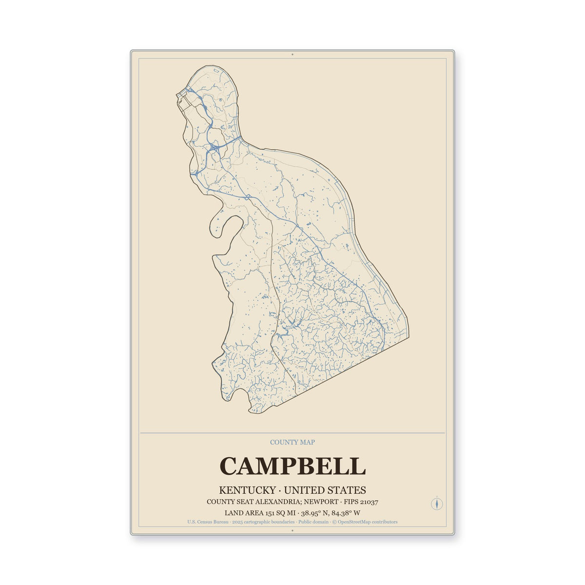 Campbell County, Kentucky Map Aluminum Sign in Heritage Nautical style