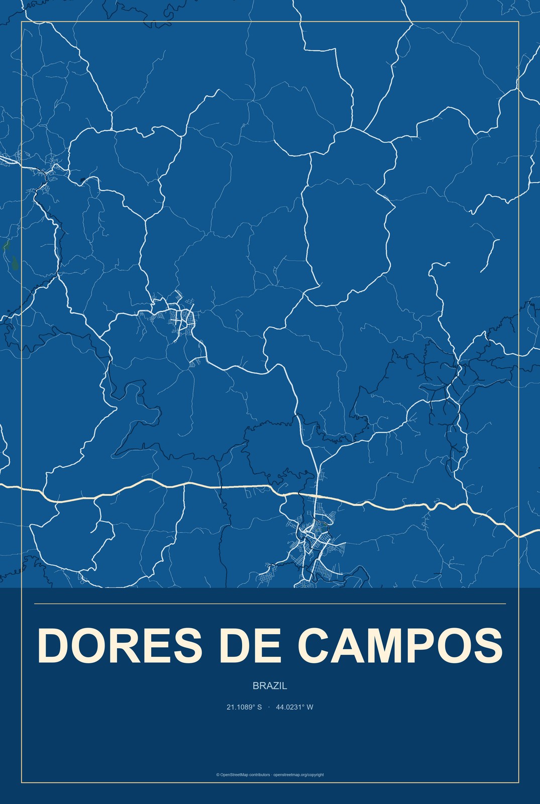 Dores de Campos, Brazil City Map Aluminum Sign in Harbor Cobalt style