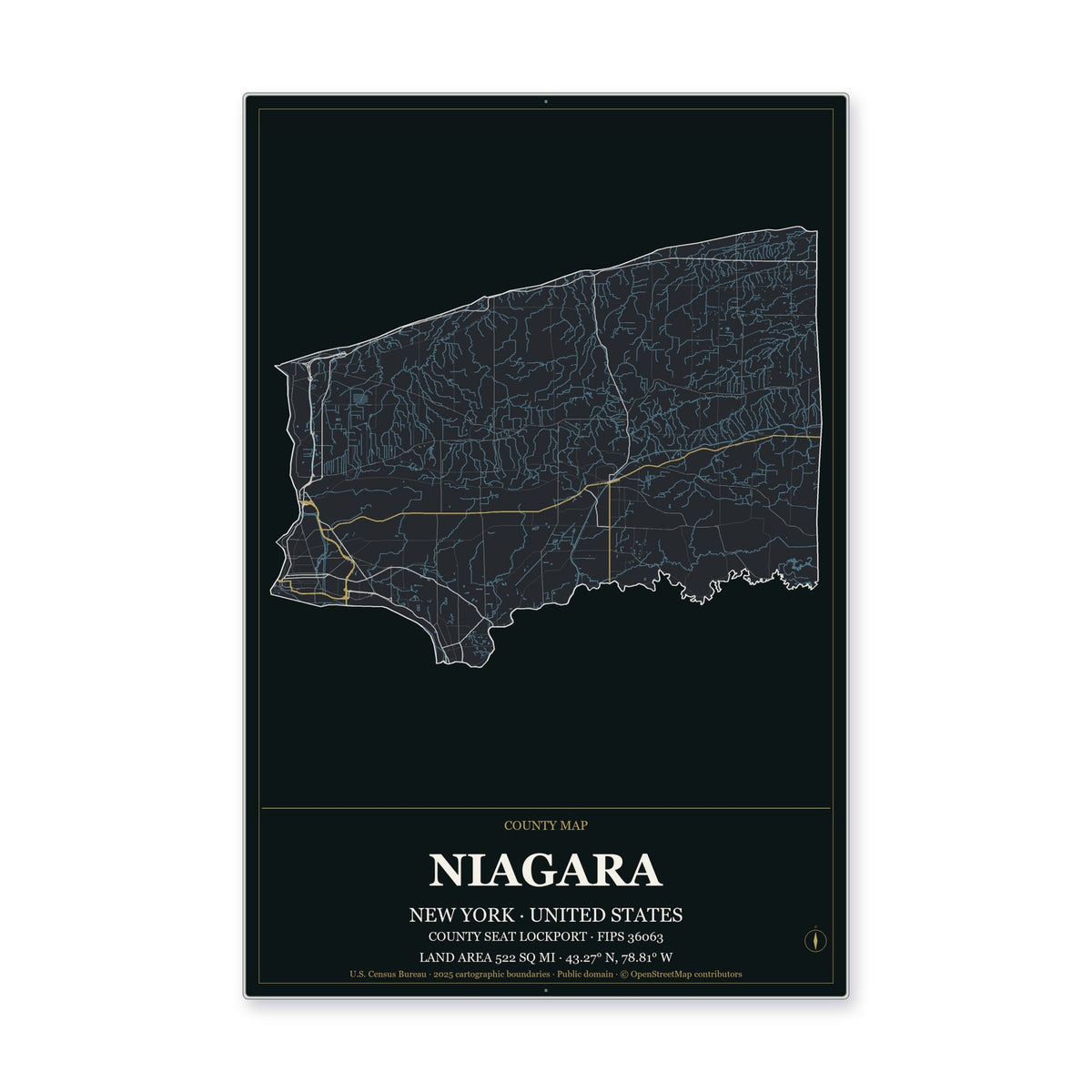 Niagara County, New York Map Aluminum Sign in Metropolitan Noir style