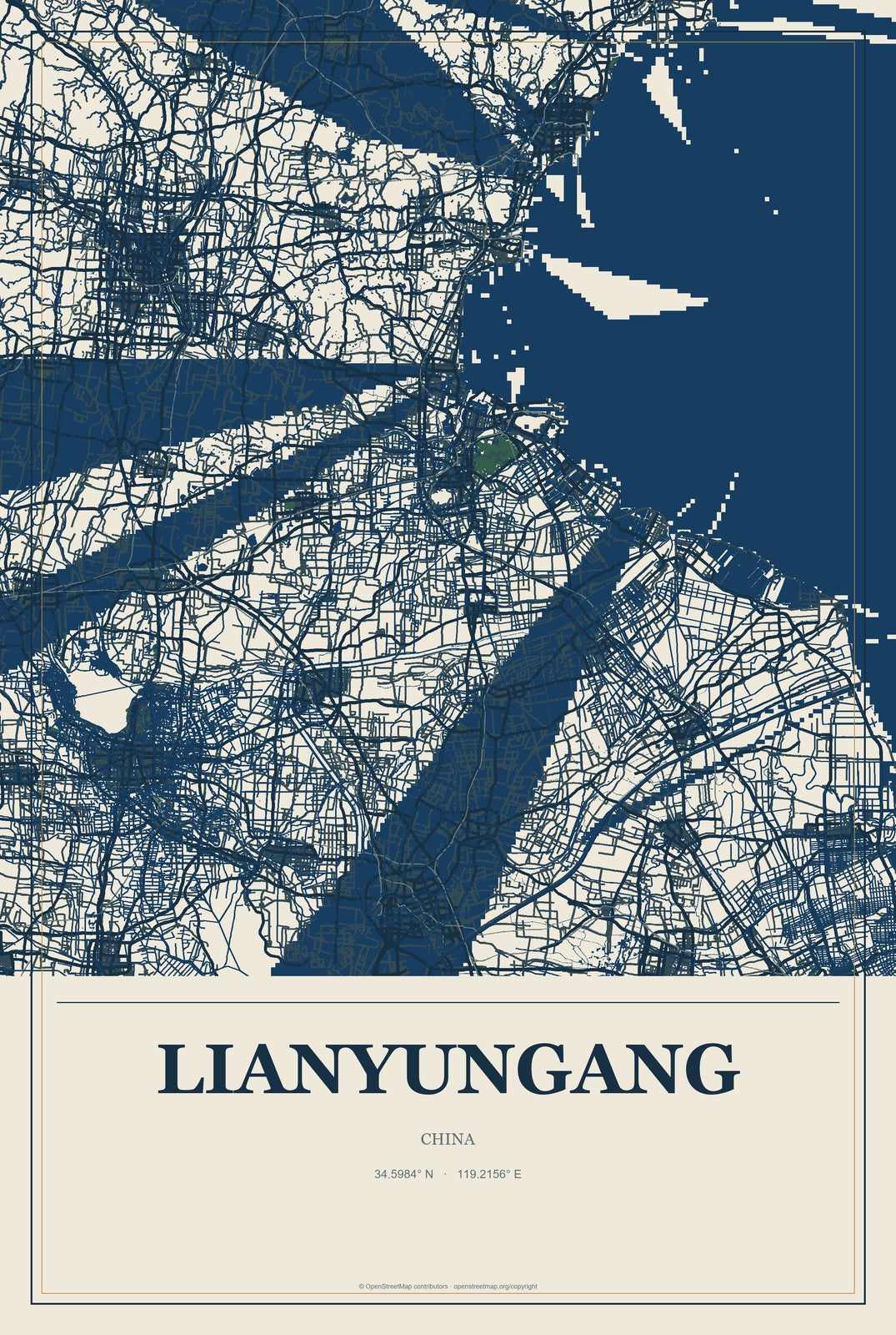Lianyungang, China City Map Aluminum Sign in Coastal Cutout style