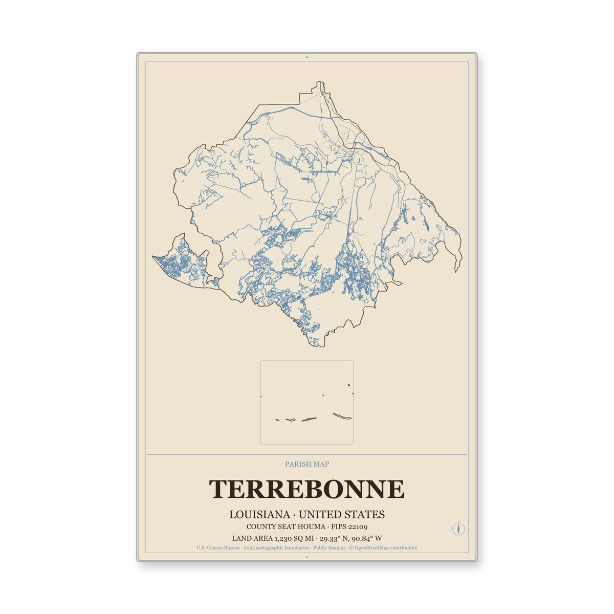 Terrebonne Parish, Louisiana Map Aluminum Sign in Heritage Nautical style
