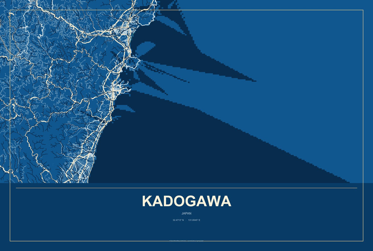 Kadogawa, Japan City Map Aluminum Sign in Harbor Cobalt style