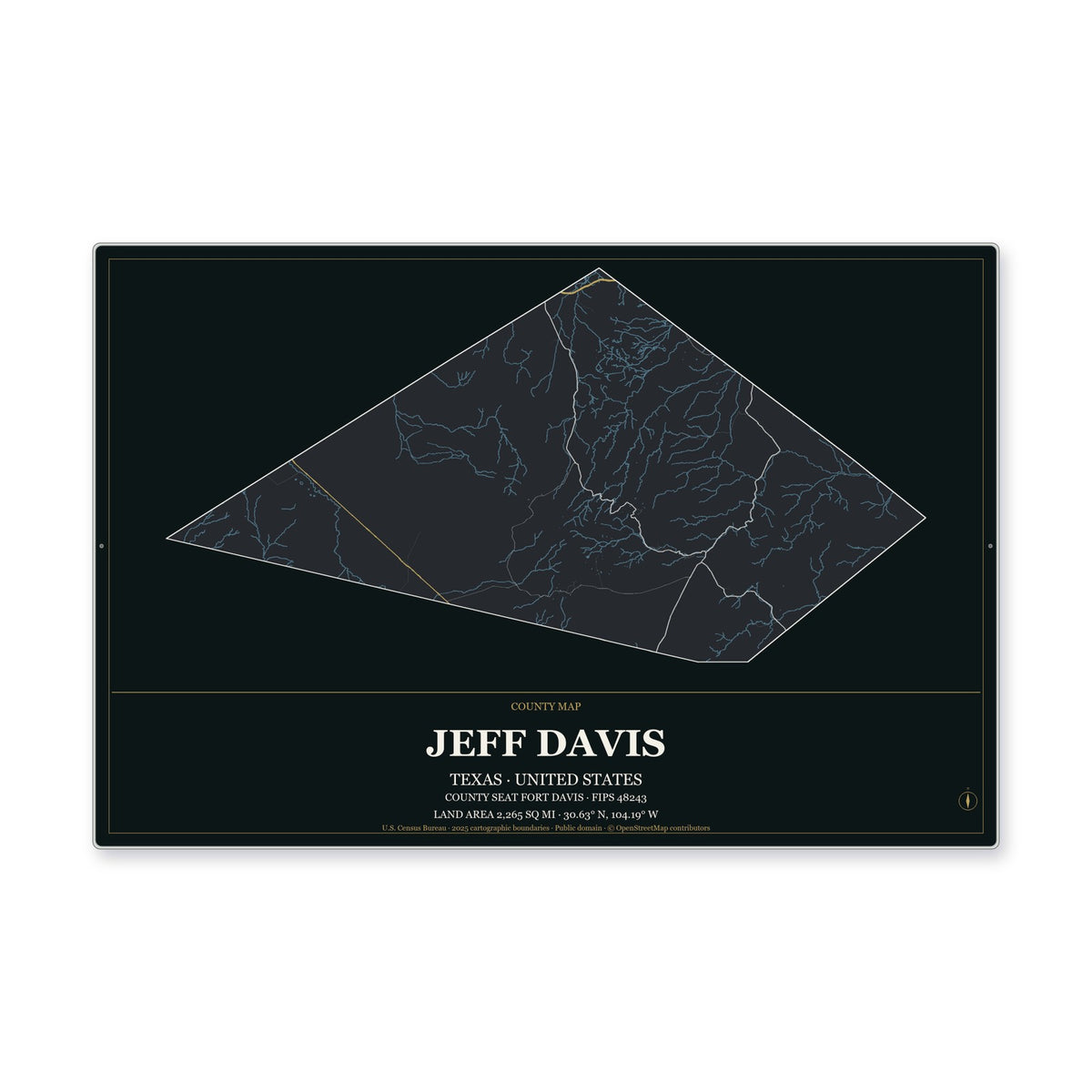 Jeff Davis County, Texas Map Aluminum Sign in Metropolitan Noir style