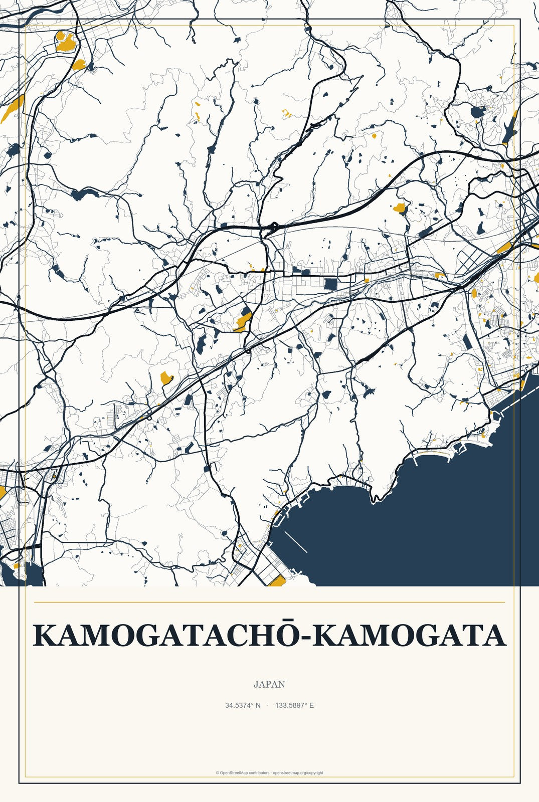 Kamogatachō-kamogata, Japan City Map Aluminum Sign in Citrine Modern style