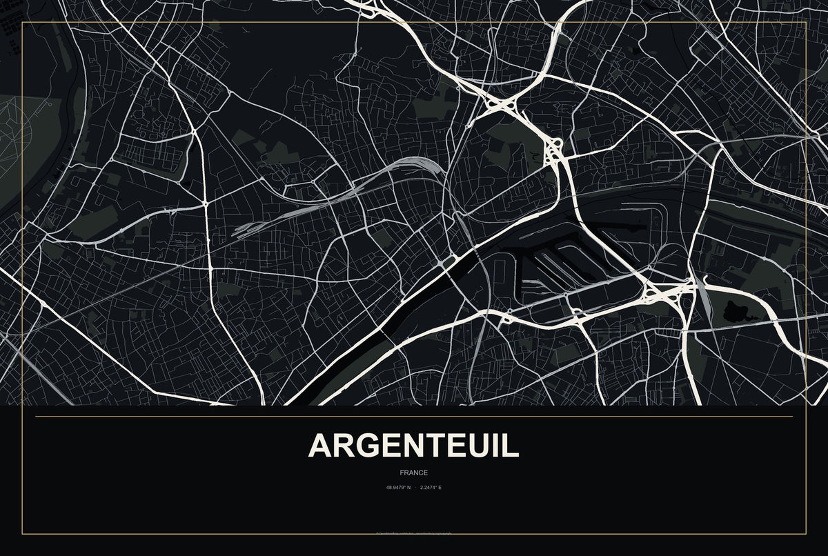 Argenteuil, France City Map Aluminum Sign in Metropolitan Noir style