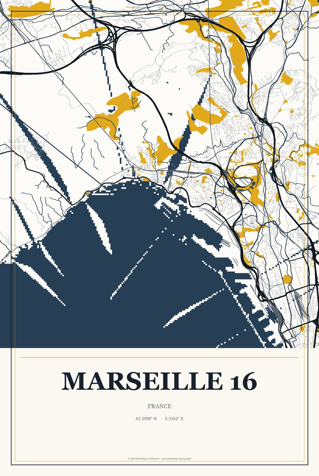 Marseille 16, France City Map Aluminum Sign in Citrine Modern style