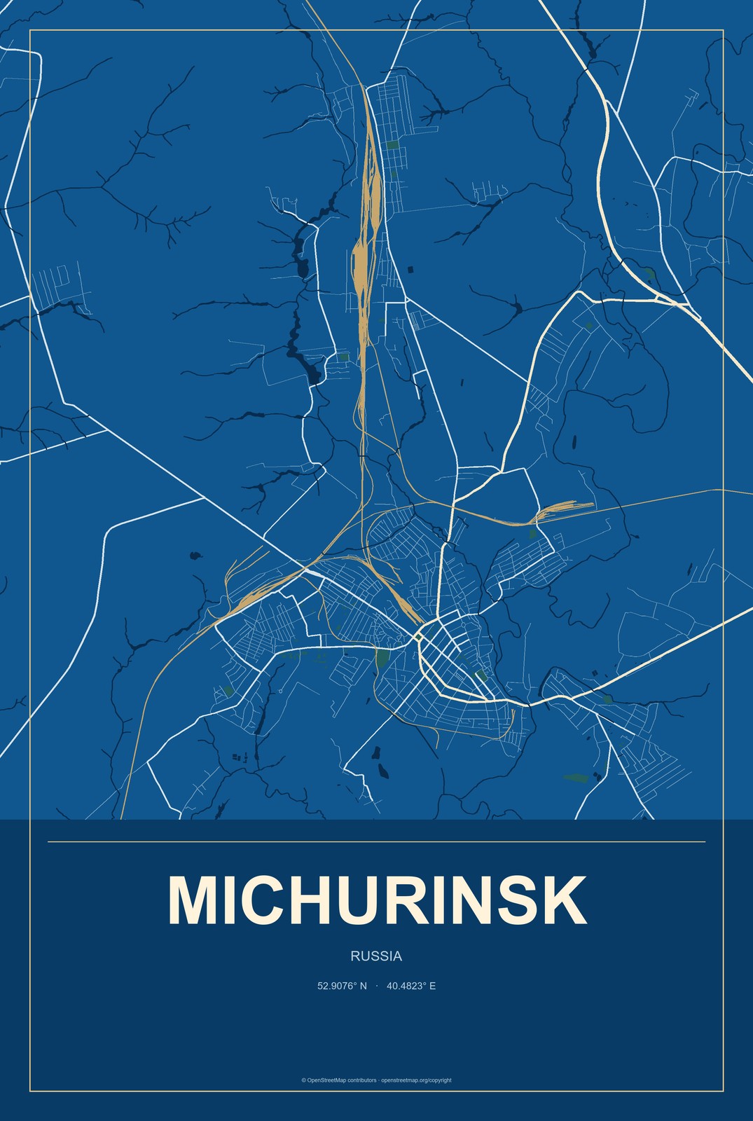 Michurinsk, Russia City Map Aluminum Sign in Harbor Cobalt style