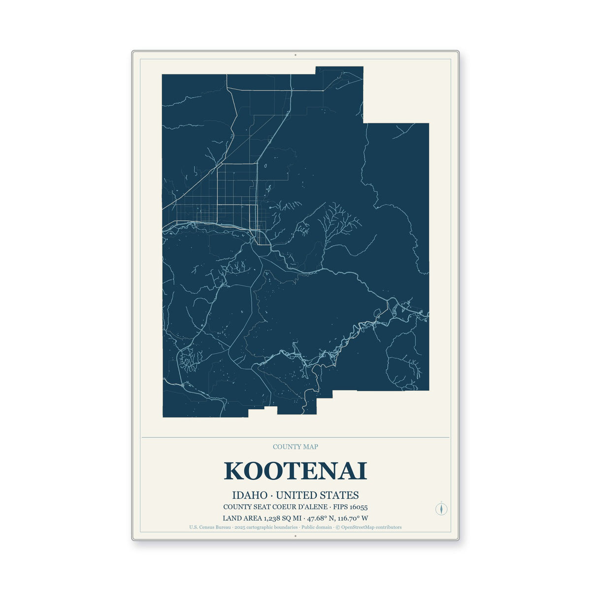 Kootenai County, Idaho Map Aluminum Sign in Coastal Cutout style