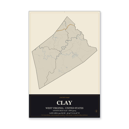 Clay County, West Virginia Map Aluminum Sign in Museum Plaque style