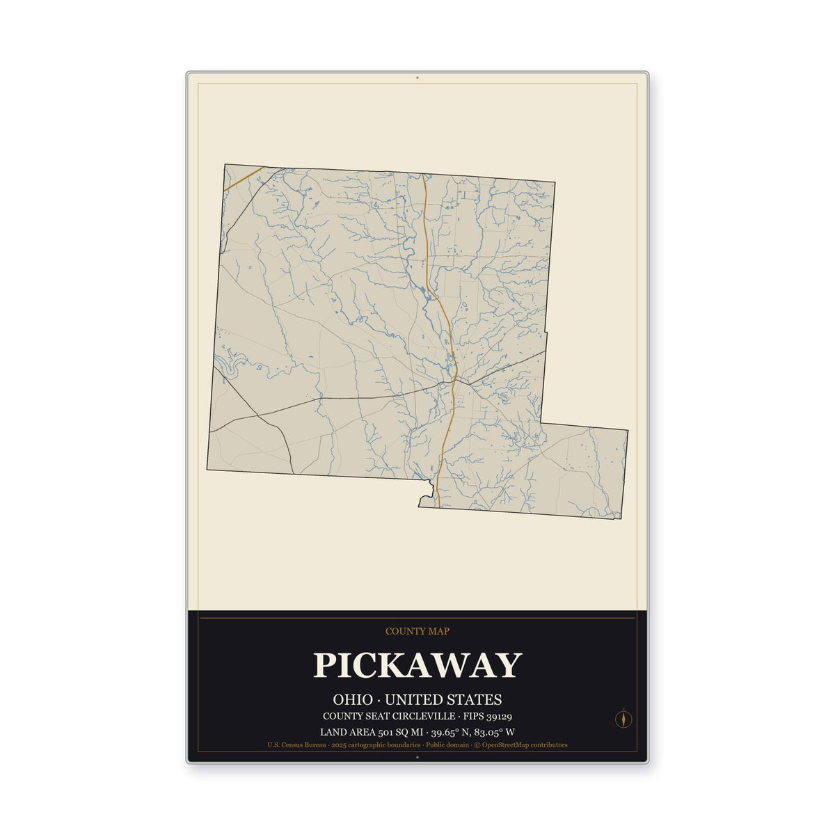 Pickaway County, Ohio Map Aluminum Sign in Museum Plaque style