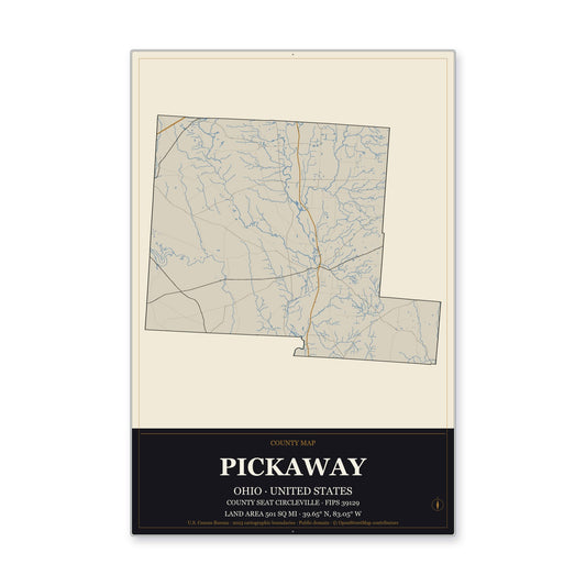 Pickaway County, Ohio Map Aluminum Sign in Museum Plaque style