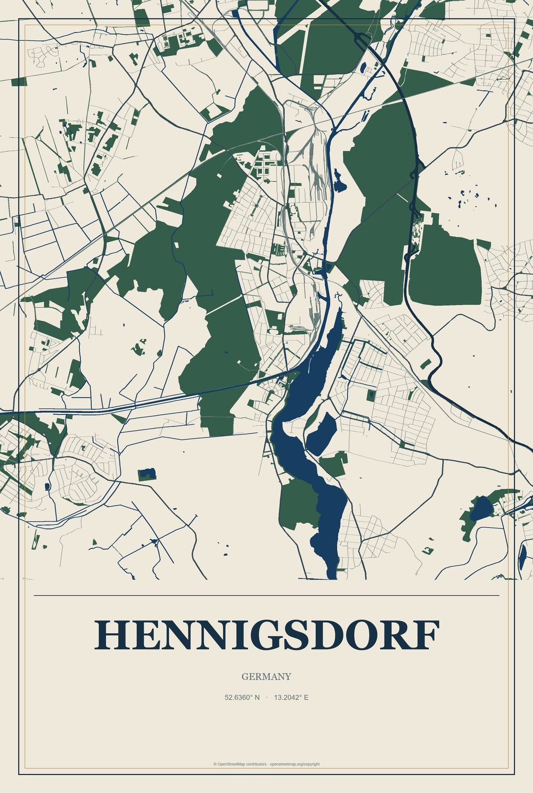 Hennigsdorf, Germany City Map Aluminum Sign in Coastal Cutout style