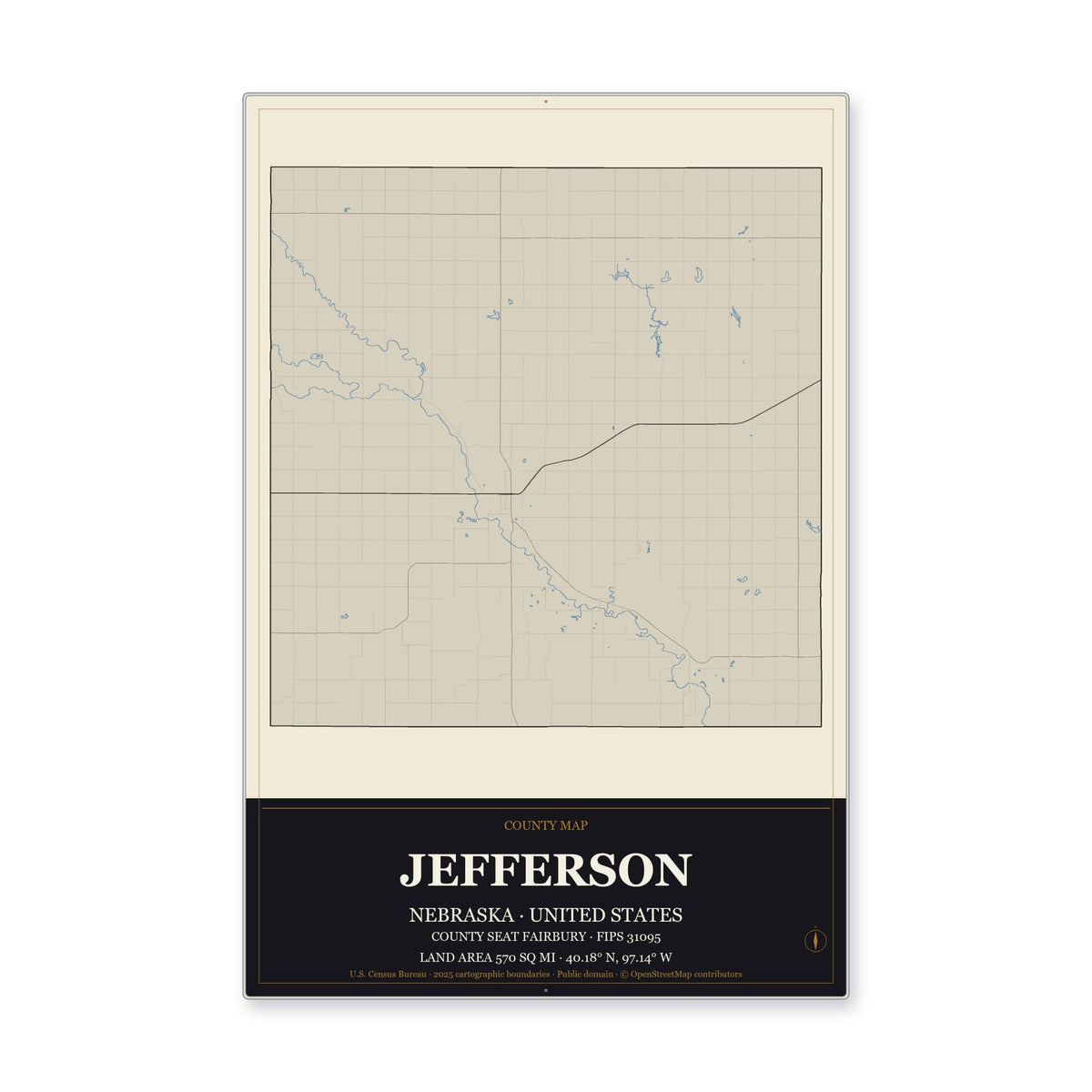 Jefferson County, Nebraska Map Aluminum Sign in Museum Plaque style