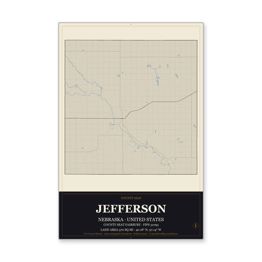 Jefferson County, Nebraska Map Aluminum Sign in Museum Plaque style