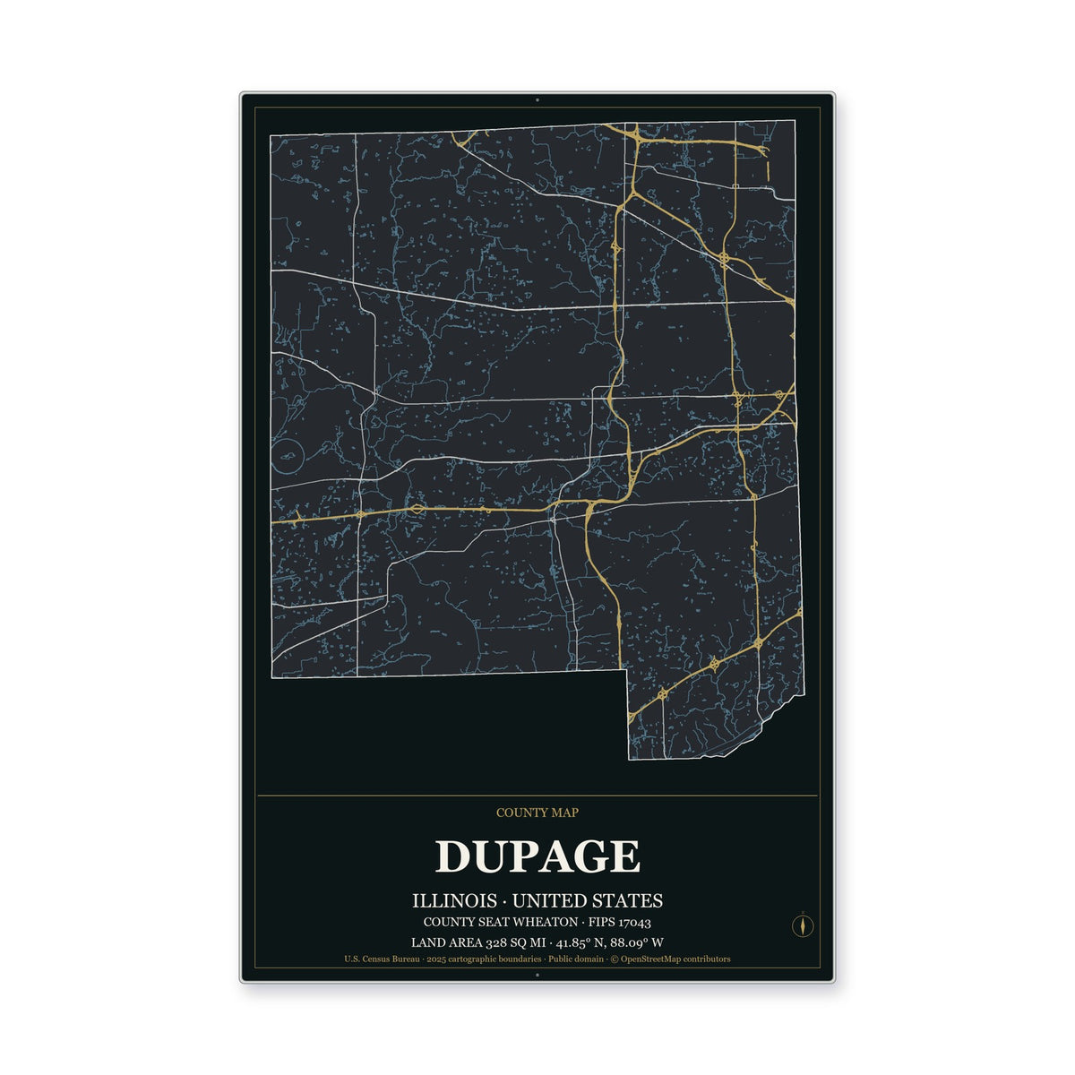DuPage County, Illinois Map Aluminum Sign in Metropolitan Noir style