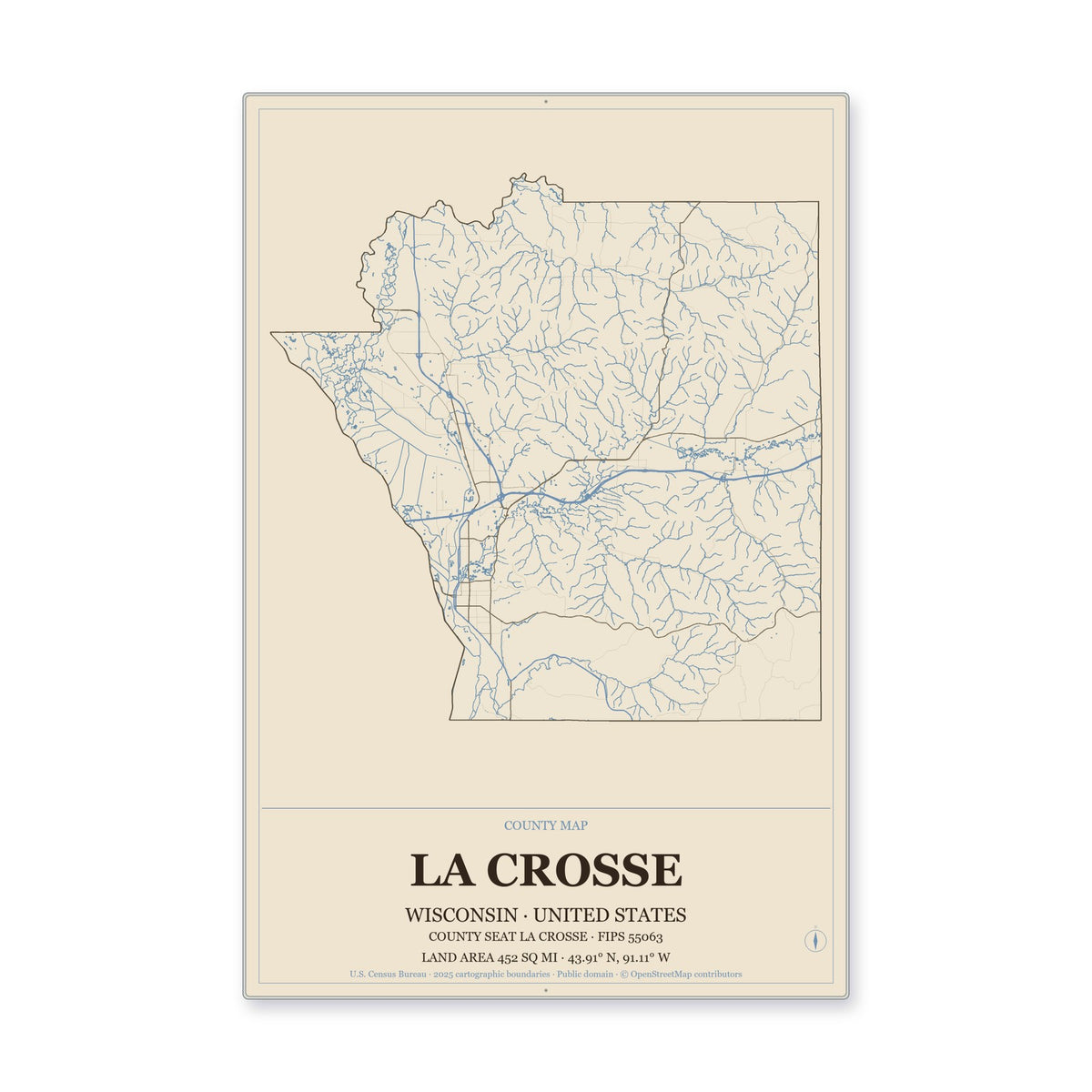 La Crosse County, Wisconsin Map Aluminum Sign in Heritage Nautical style