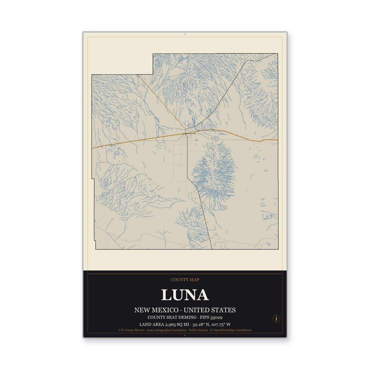 Luna County, New Mexico Map Aluminum Sign in Museum Plaque style