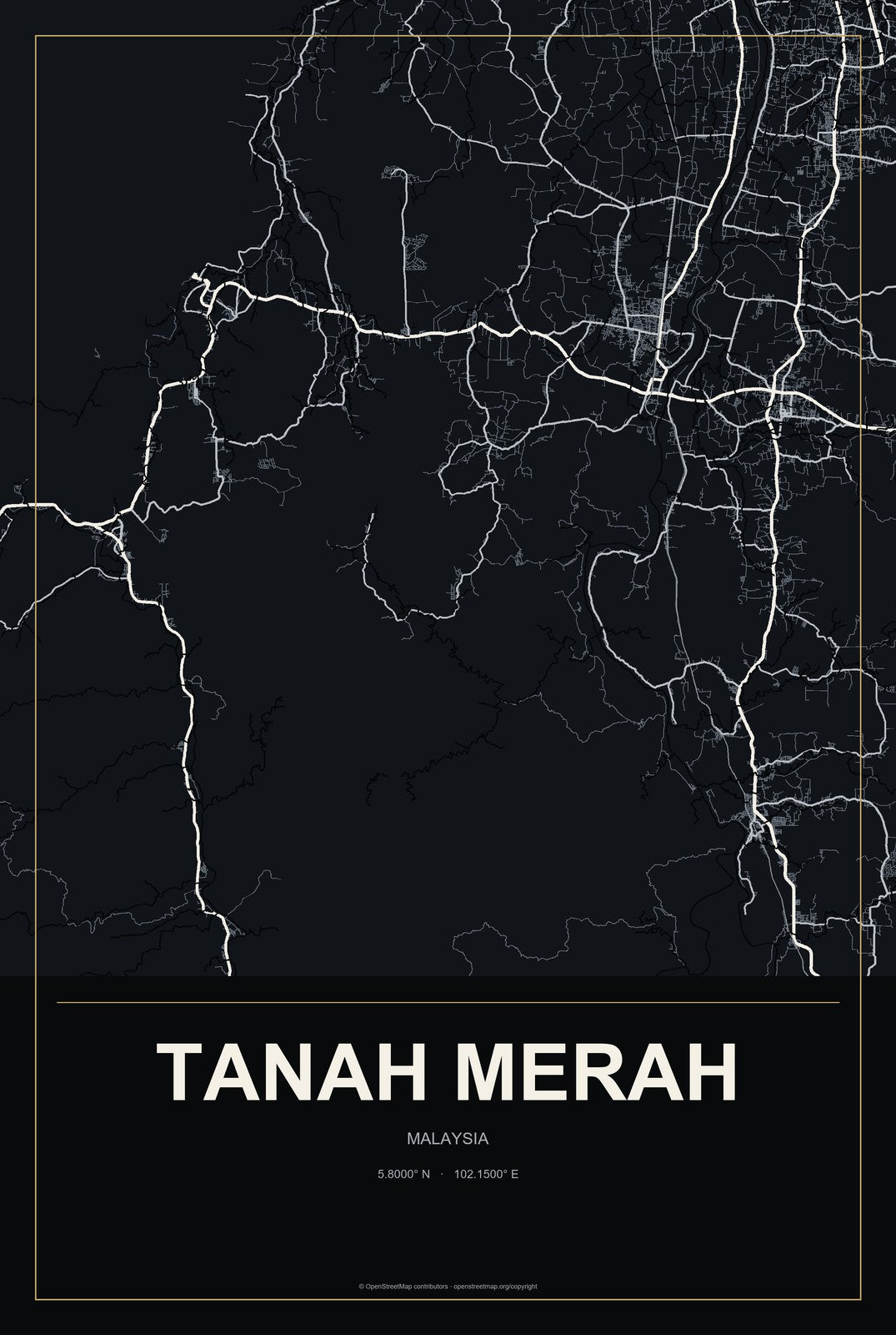 Tanah Merah, Malaysia City Map Aluminum Sign in Metropolitan Noir style