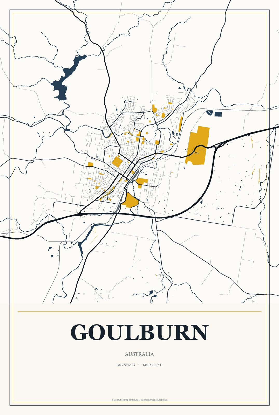 Goulburn, Australia City Map Aluminum Sign in Citrine Modern style