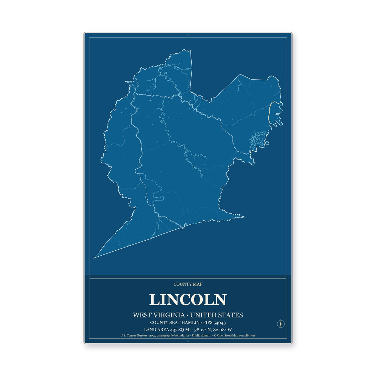 Lincoln County, West Virginia Map Aluminum Sign in Harbor Cobalt style