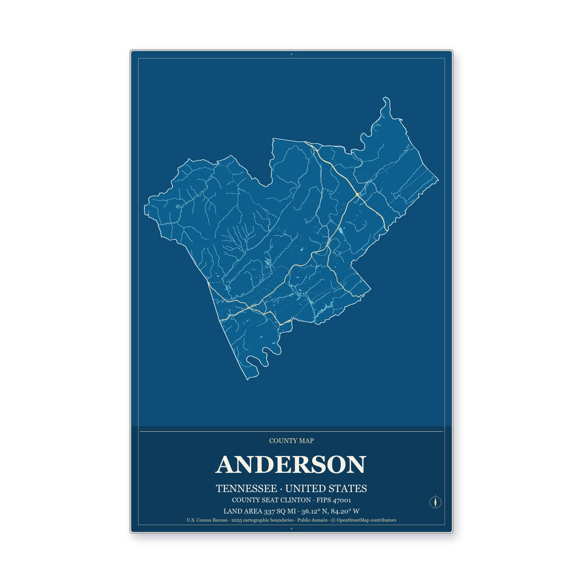 Anderson County, Tennessee Map Aluminum Sign in Harbor Cobalt style