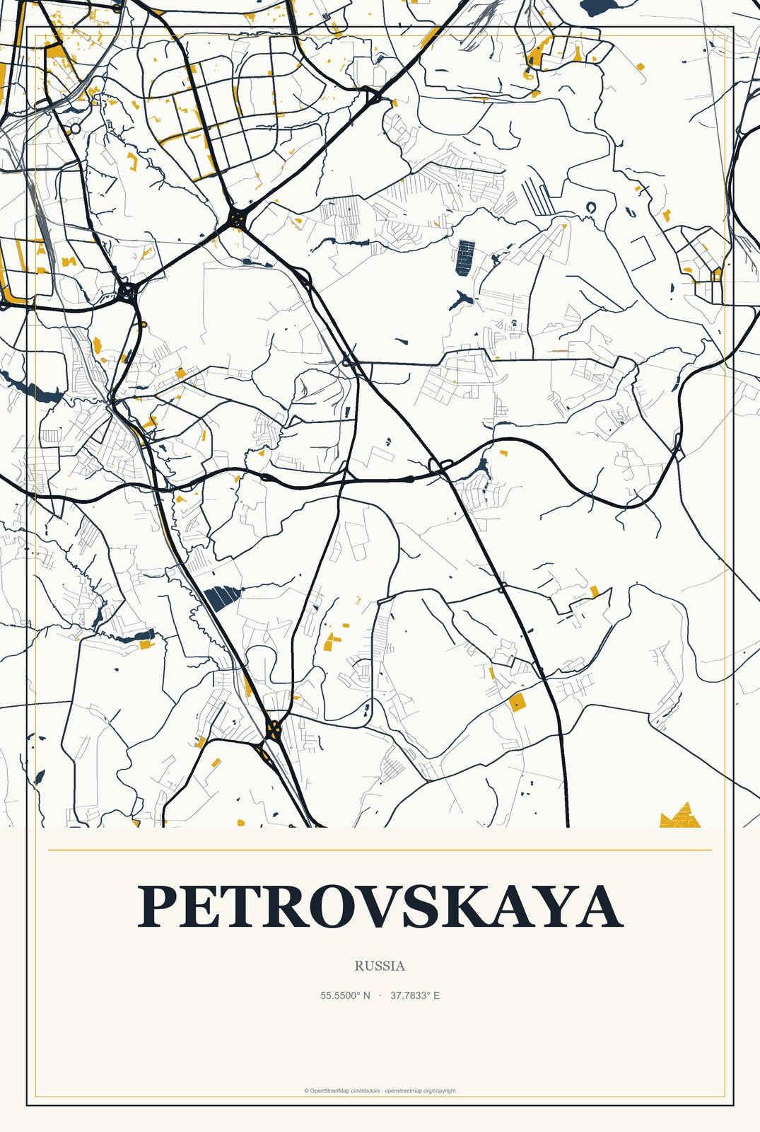 Petrovskaya, Moscow Oblast, Russia City Map Aluminum Sign in Citrine Modern style