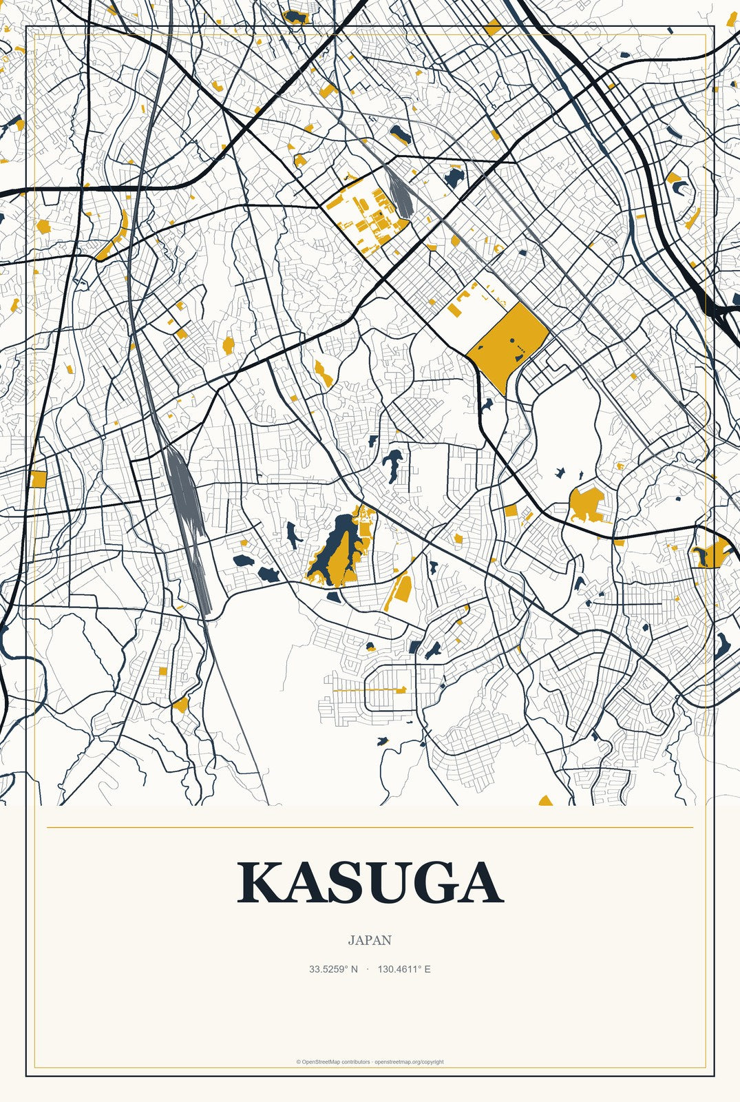 Kasuga, Japan City Map Aluminum Sign in Citrine Modern style