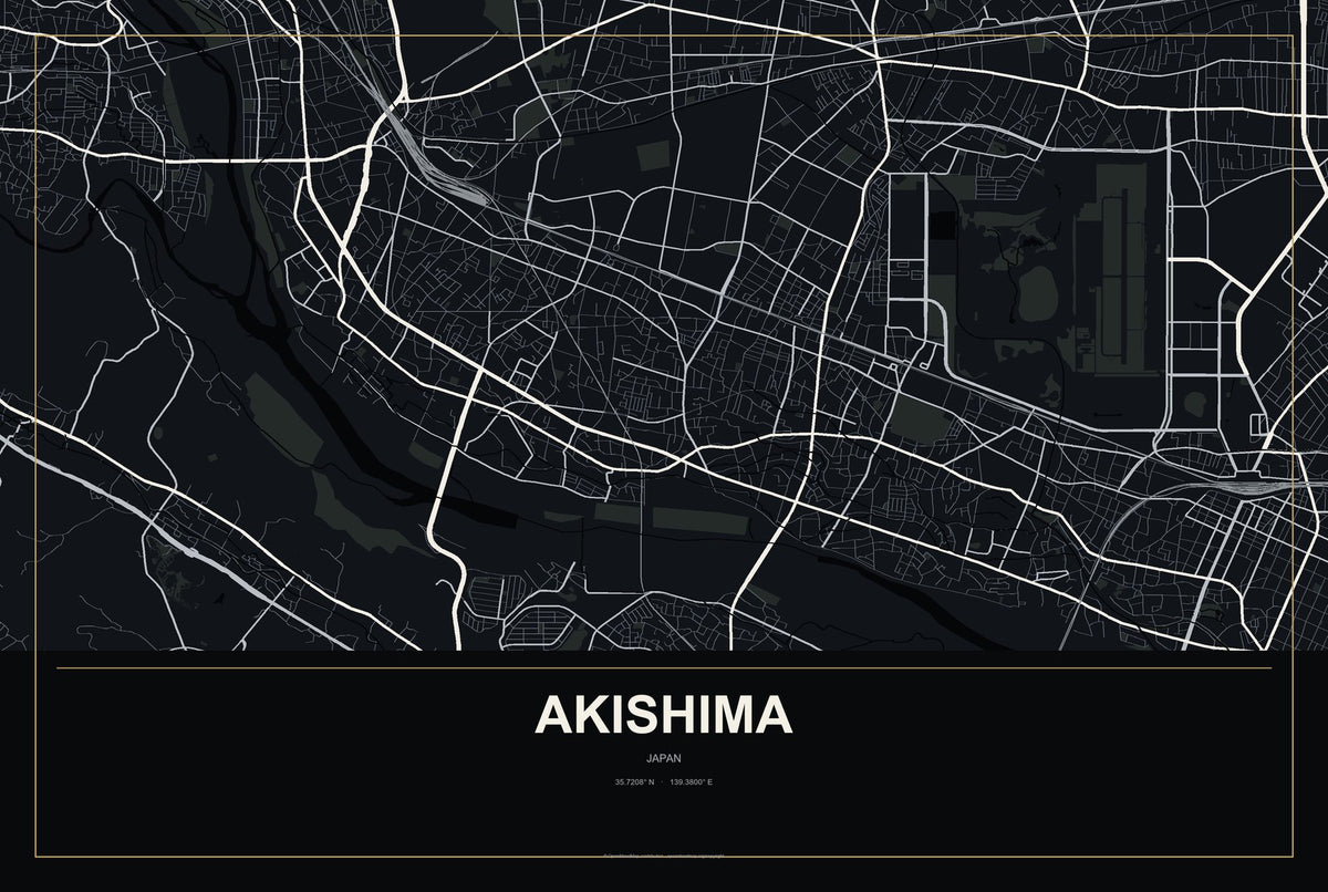 Akishima, Japan City Map Aluminum Sign in Metropolitan Noir style