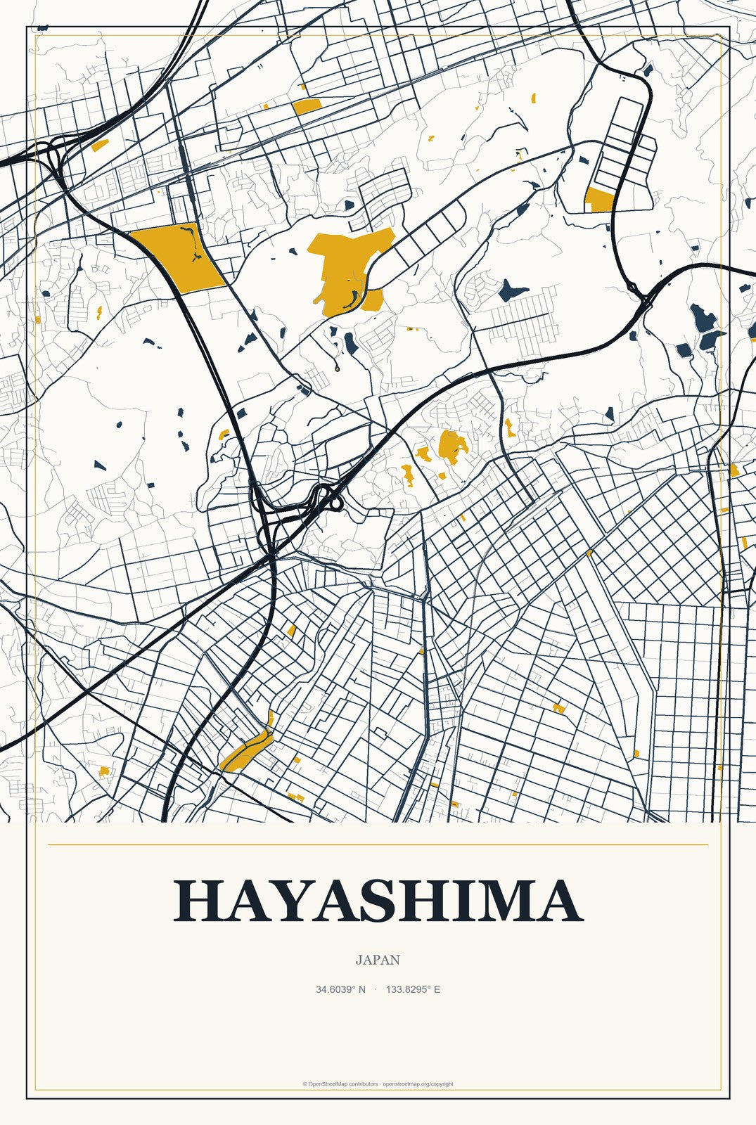 Hayashima, Japan City Map Aluminum Sign in Citrine Modern style