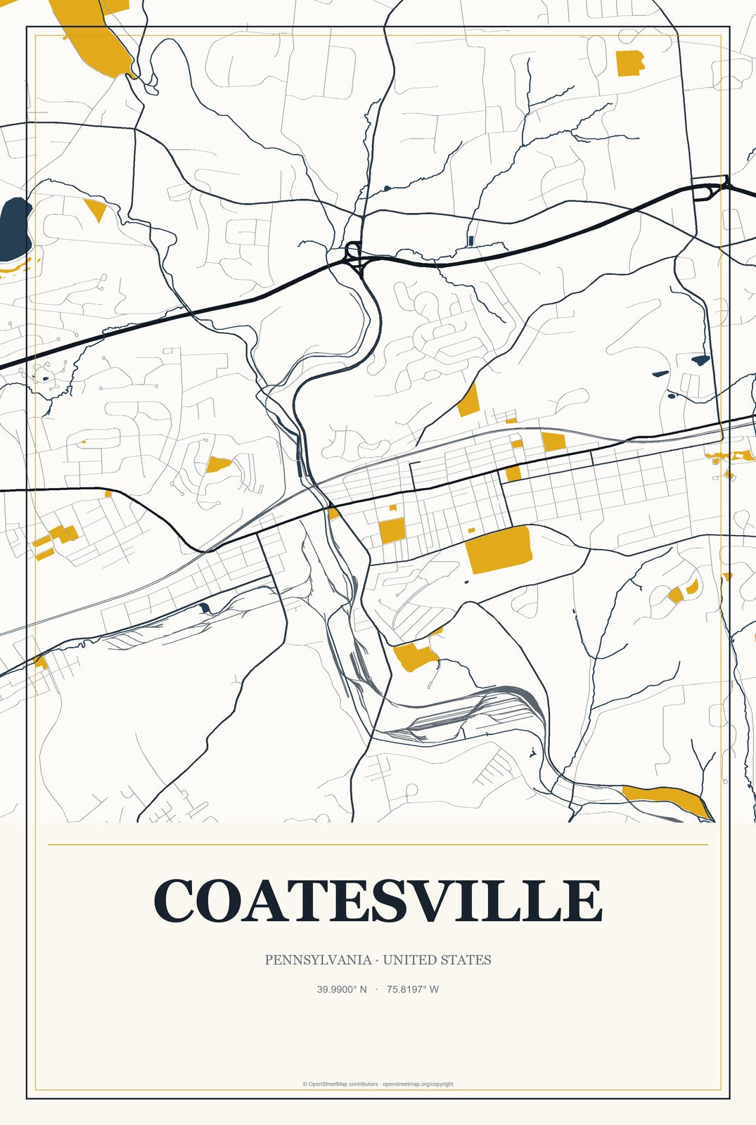 Coatesville, Pennsylvania City Map Aluminum Sign in Citrine Modern style
