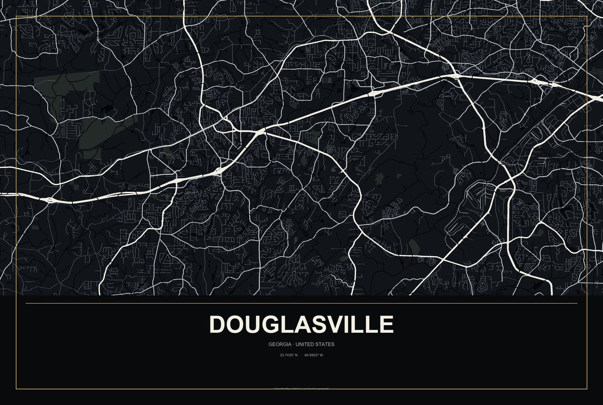 Douglasville, Georgia City Map Aluminum Sign in Metropolitan Noir style