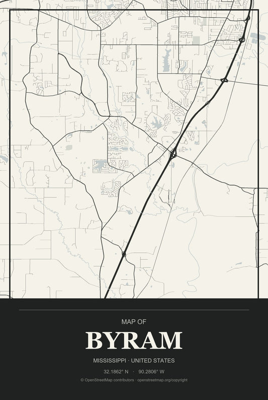 Byram, Mississippi City Map Aluminum Sign in Museum Plaque style
