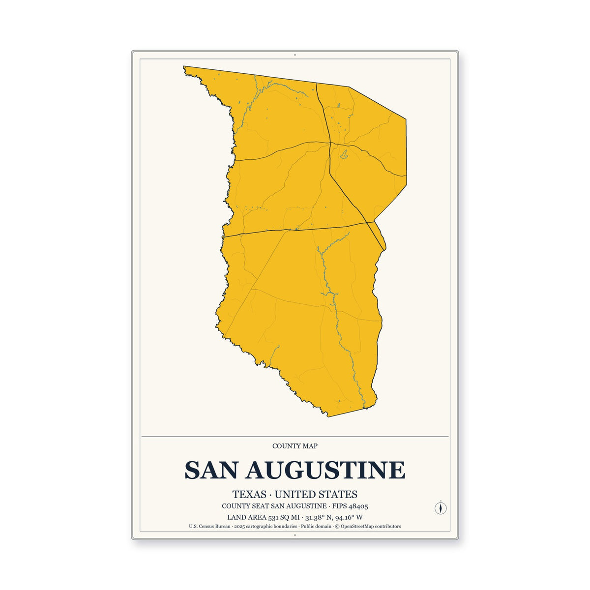 San Augustine County, Texas Map Aluminum Sign in Citrine Modern style