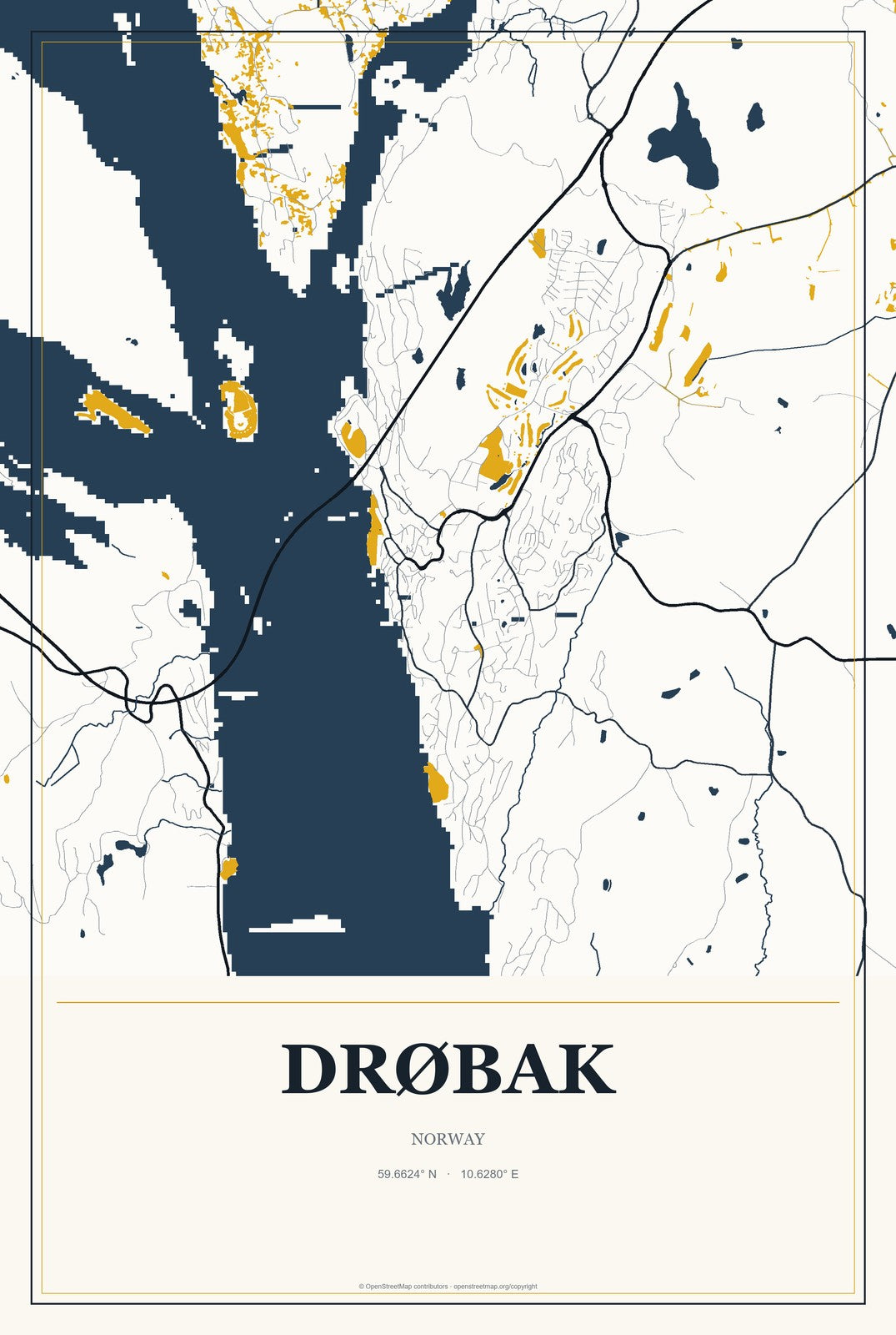 Drøbak, Norway City Map Aluminum Sign in Citrine Modern style