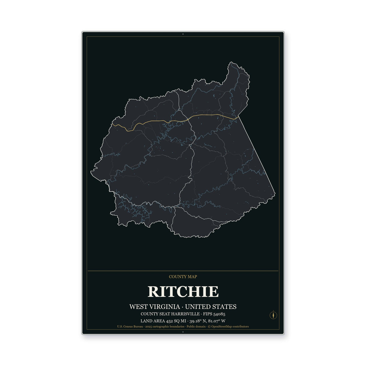 Ritchie County, West Virginia Map Aluminum Sign in Metropolitan Noir style