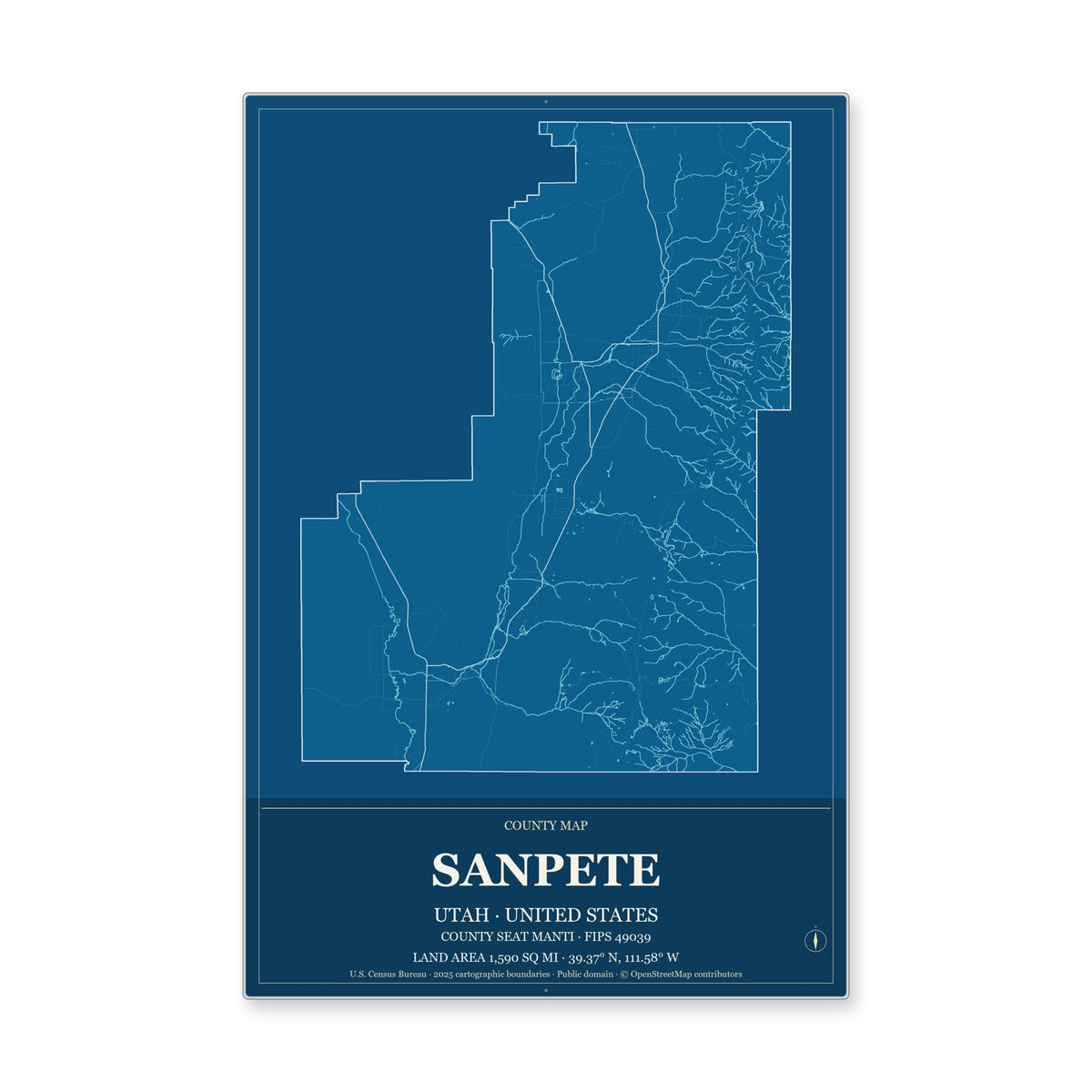 Sanpete County, Utah Map Aluminum Sign in Harbor Cobalt style