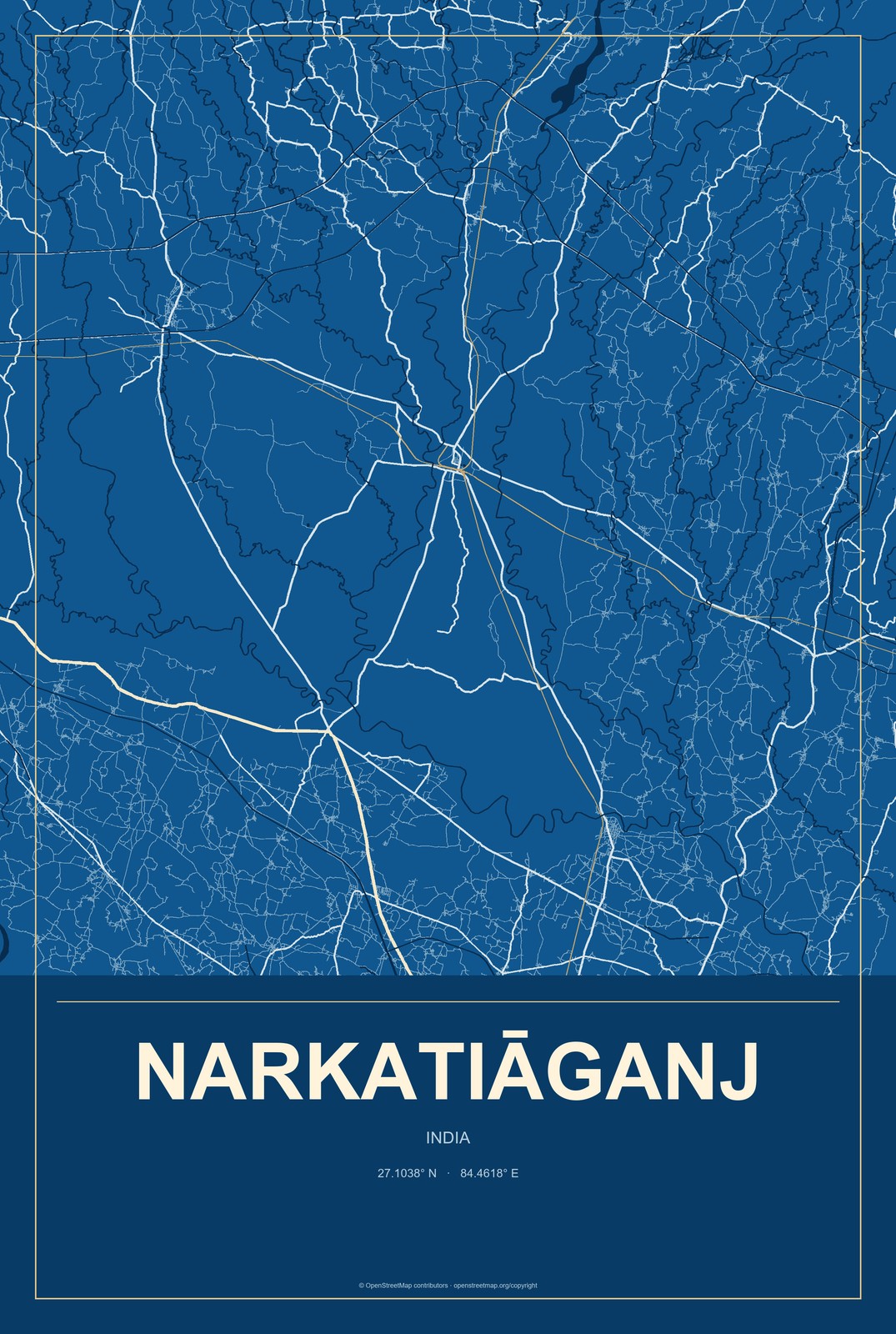Narkatiāganj, India City Map Aluminum Sign in Harbor Cobalt style