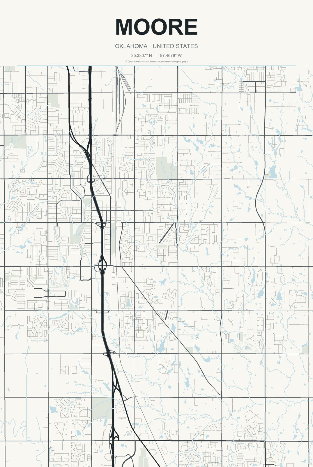 Moore, Oklahoma City Map Aluminum Sign in Headline Atlas style