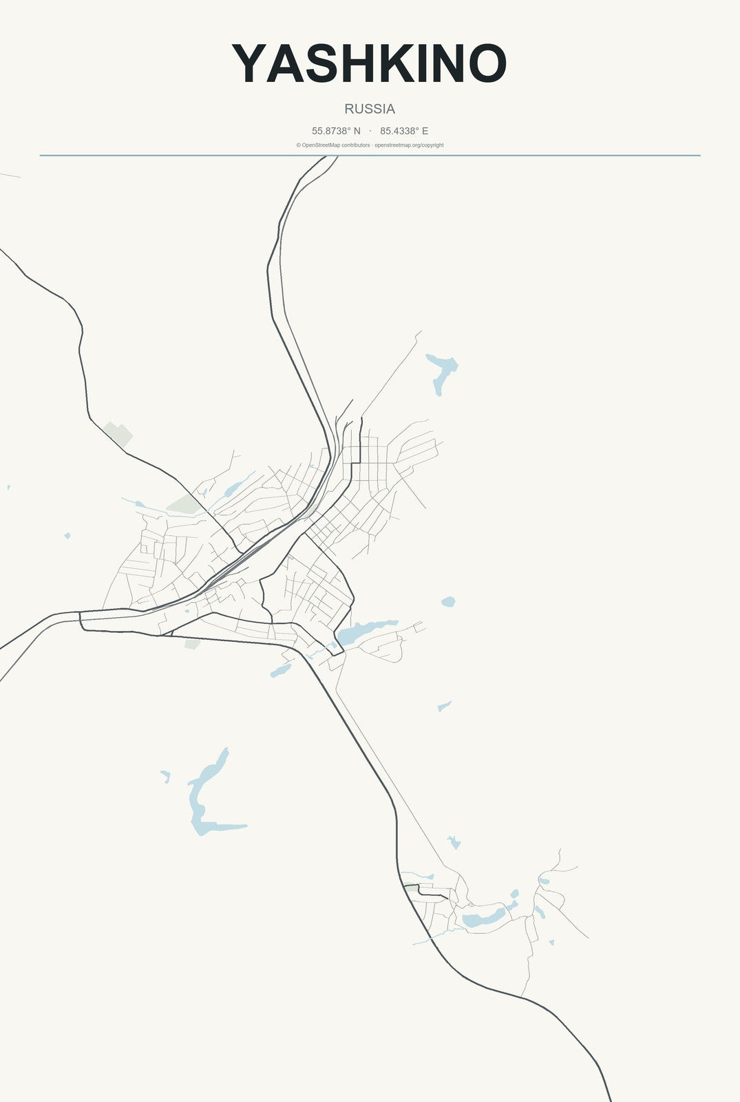 Yashkino, Russia City Map Aluminum Sign in Headline Atlas style