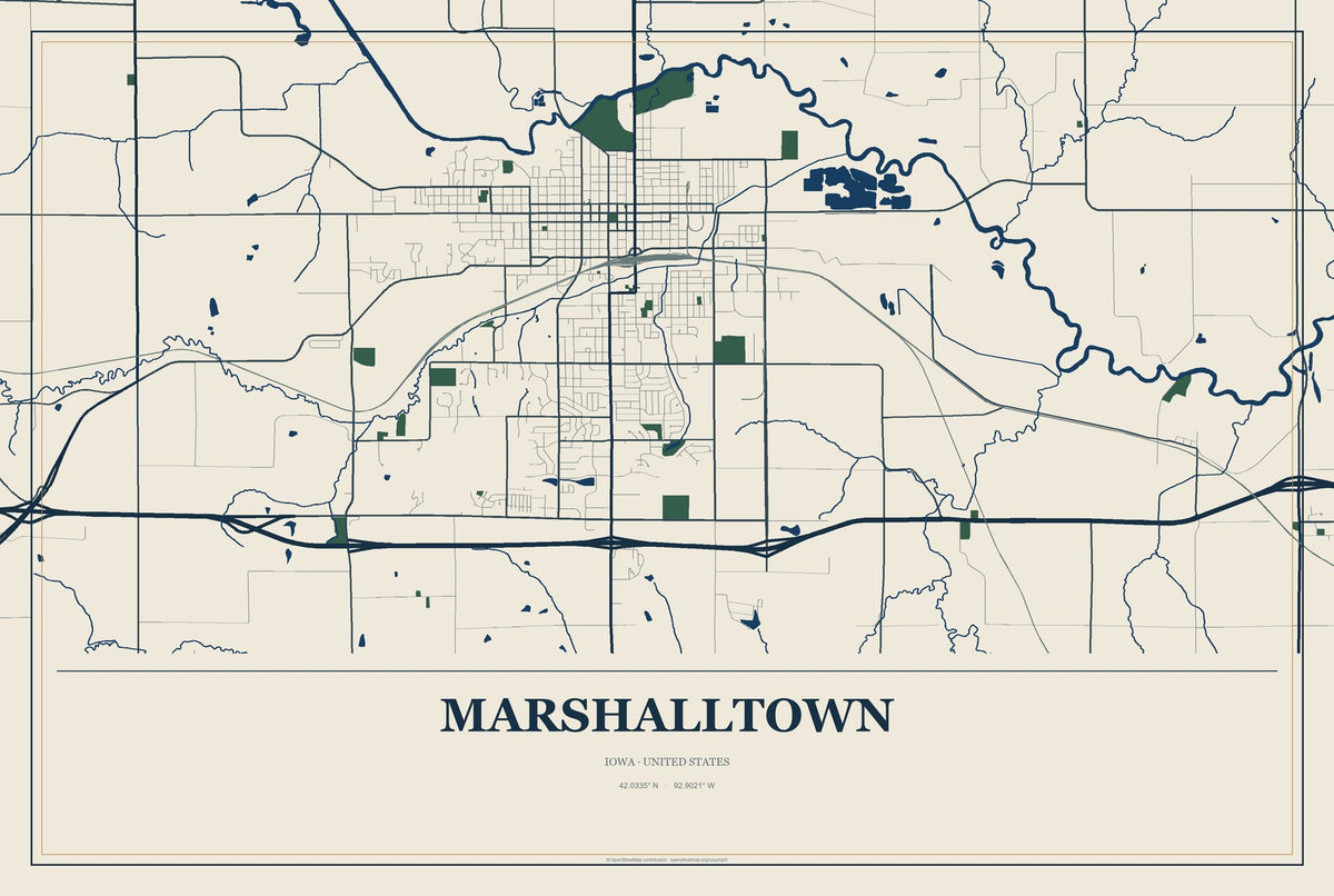 Marshalltown, Iowa City Map Aluminum Sign in Coastal Cutout style