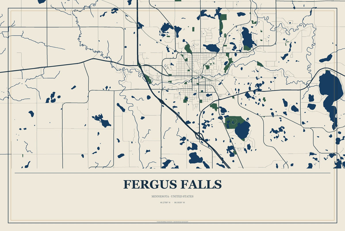 Fergus Falls, Minnesota City Map Aluminum Sign in Coastal Cutout style