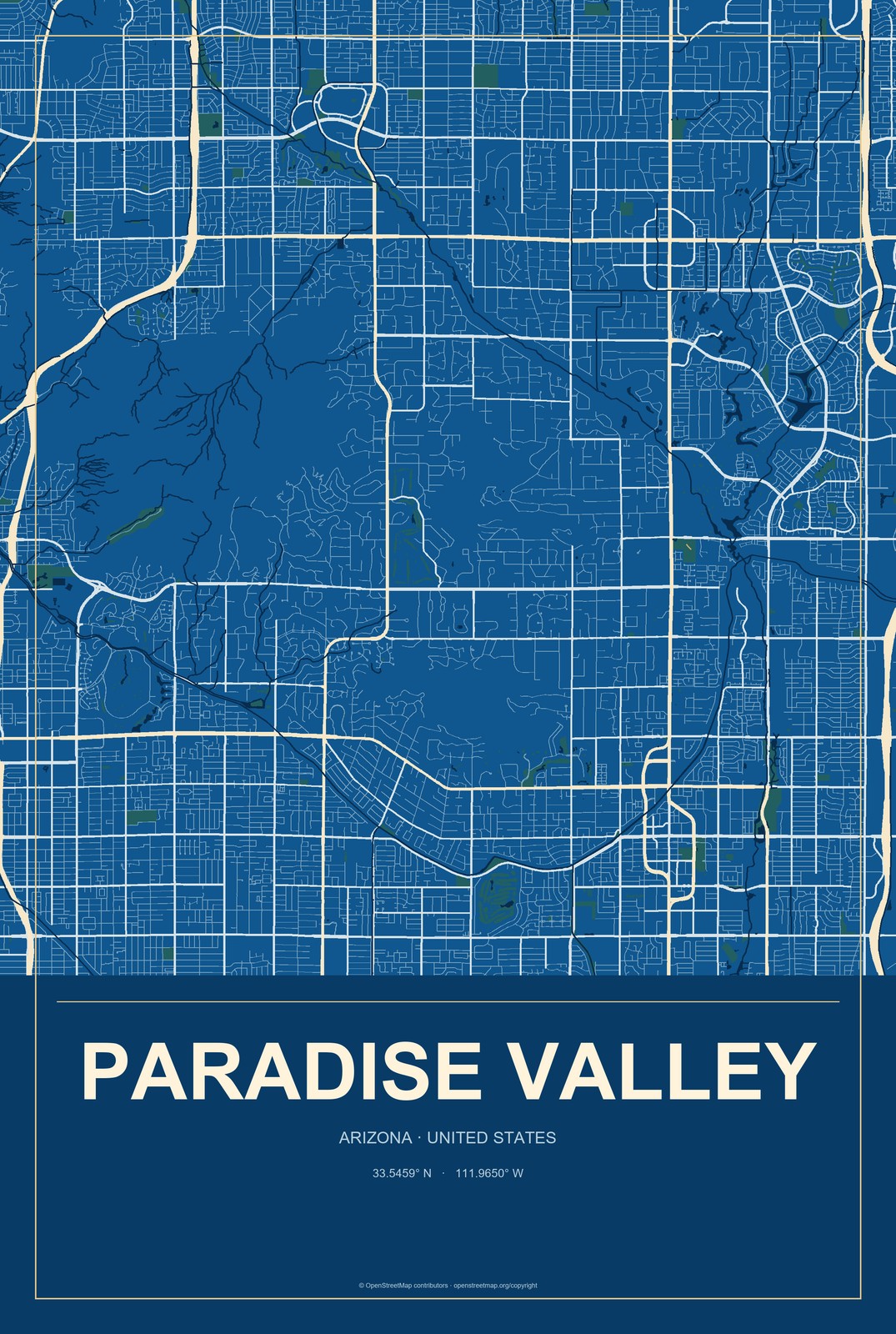 Paradise Valley, Arizona City Map Aluminum Sign in Harbor Cobalt style